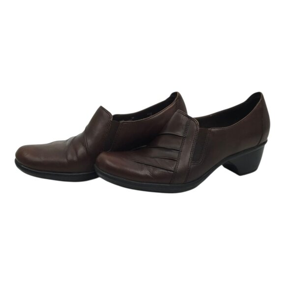Clarks Partridge Block Heel Shoes Womens Size 9 Comfort Brown Leather Slip On - Picture 1 of 16